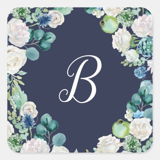 Klassieke witte bloemen zeemaand monogram envelop vierkante sticker (Voorkant)