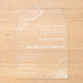 Klassieke Witte Clematis Line Art Formele bruiloft Acryl Uitnodigingen