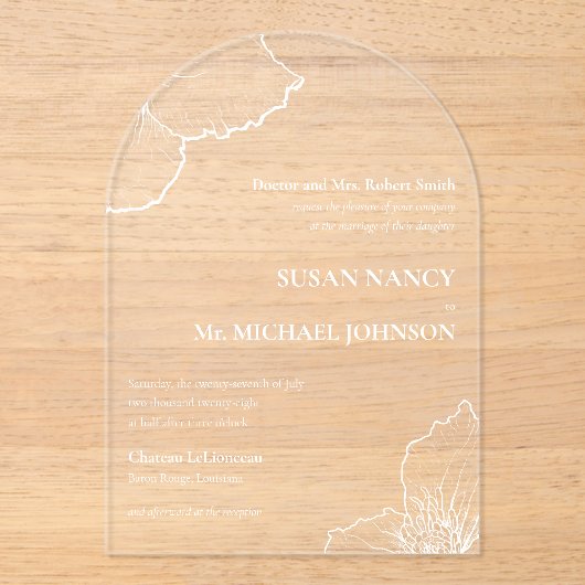 Klassieke Witte Clematis Line Art Formele bruiloft Acryl Uitnodigingen (Voorkant)