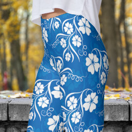 Klassieke witte en blauwe bloemenprint leggings