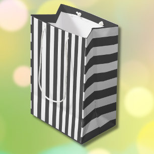 Klassieke witte en donkergrijze strepen Medium Cadeauzakje