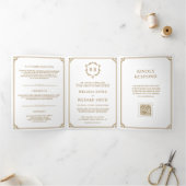 Klassieke witte en gouden monogram QR-code bruilof Drieluik Uitnodiging (Binnen)
