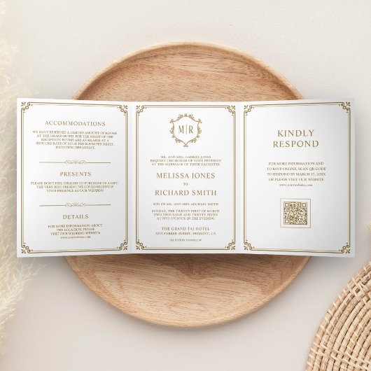 Klassieke witte en gouden monogram QR-code bruilof Drieluik Uitnodiging
