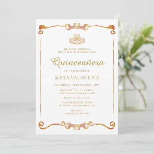 Klassieke Witte en Gouden Quinceanera Uitnodiging (Staand voorkant)