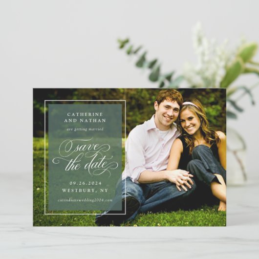 Klassieke witte en groene elegante scriptie bruilo save the date (Staand voorkant)