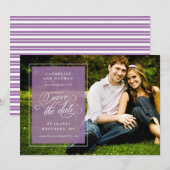 Klassieke witte en paarse elegante script bruiloft save the date (Voorkant / Achterkant)