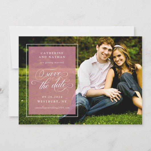 Klassieke witte en roze elegante scriptuur bruilof save the date (Voorkant)