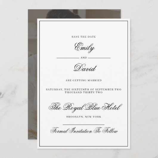 Klassieke witte en zwarte elegante foto save the date (Voorkant / Achterkant)