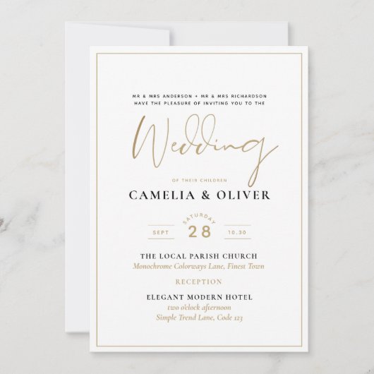 Klassieke Witte Gouden Gedrukte of Digitale Trouwk Kaart (Voorkant)