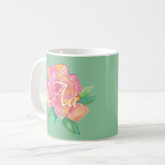 Klassieke witte koffie mok "Roze bloem" (Voorkant links)