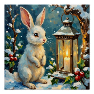 Klassieke Witte Konijn met Kerstlantaarn Perfect Poster