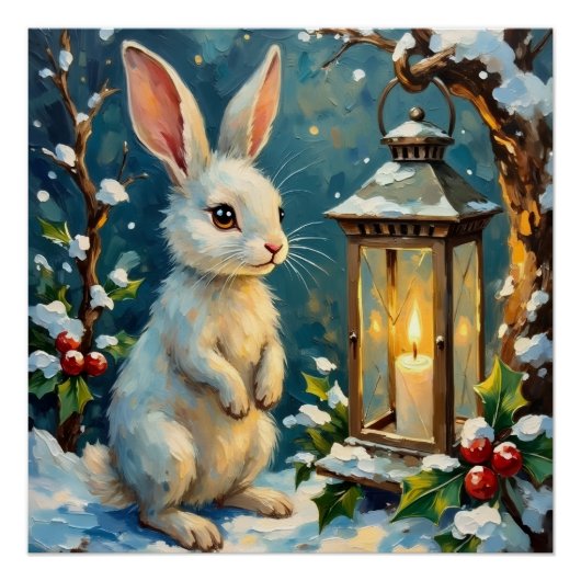 Klassieke Witte Konijn met Kerstlantaarn Perfect Poster (Voorkant)