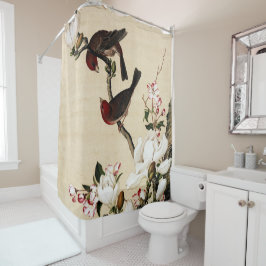 Klassieke witte magnolia en vogels kunstprint douchegordijn
