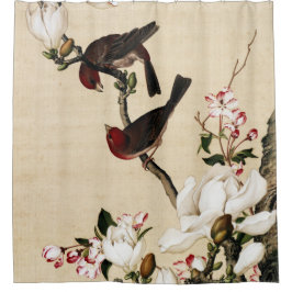 Klassieke witte magnolia en vogels kunstprint douchegordijn