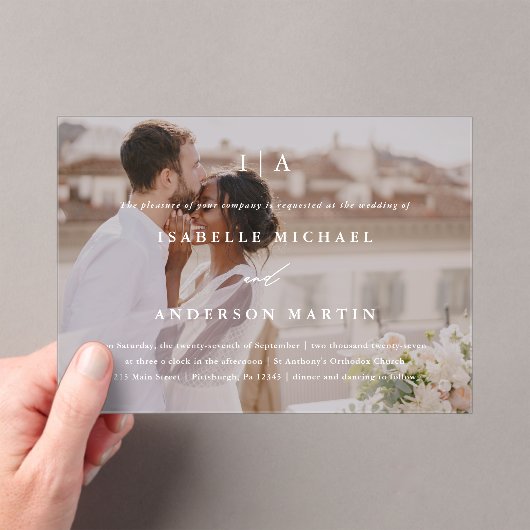 Klassieke Witte Monogram Kalligrafie Fotobruiloft Acryl Uitnodigingen (Insitu (Draagbaar))