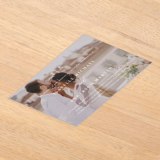 Klassieke Witte Monogram Kalligrafie Fotobruiloft Acryl Uitnodigingen (Laagn)