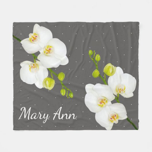 Klassieke witte orchidee bloemen & grijs met naam fleece deken (Voorkant (Horizontaal))