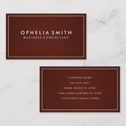 Klassieke witte rand | Achtergrond bruin leder Visitekaartje (Voorkant / Achterkant)