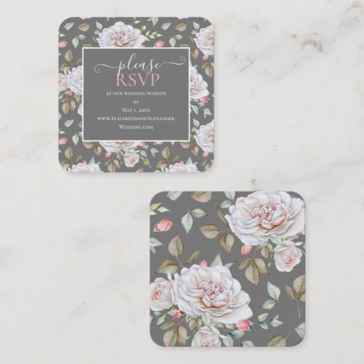 Klassieke witte Rose |Grijze bruiloft Website RSVP Vierkante Visitekaartje (Voorkant / Achterkant)