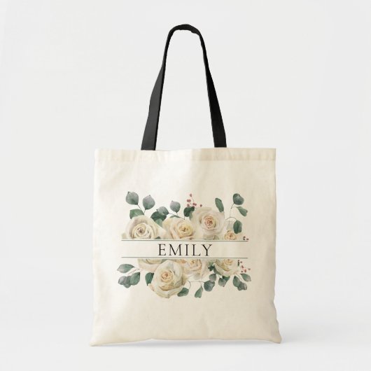Klassieke Witte Rozen Bruidsmeisje Aangepaste Naam Tote Bag (Voorkant)