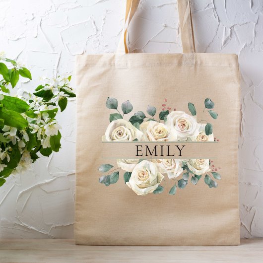 Klassieke Witte Rozen Bruidsmeisje Aangepaste Naam Tote Bag