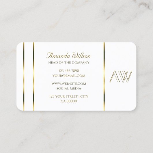 Klassieke witte vlek met gouden strepen en monogra visitekaartje (Achterkant)