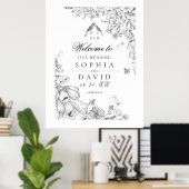 Klassieke witte zwarte bloem bruiloft welkom  poster (Thuiskantoor)