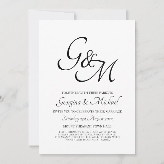 Klassieke witte zwarte monogram trouwkaart kaart (Voorkant)