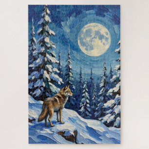 Klassieke Wolf in Maanverlichte Winterbos Kerst Legpuzzel