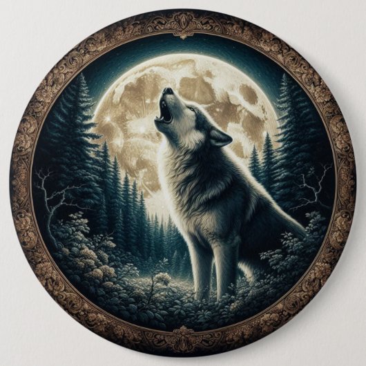 Klassieke,  wolf & moon ronde button 6,0 cm (Voorkant)