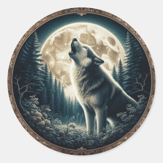 Klassieke, wolf & moon ronde sticker (Voorkant)