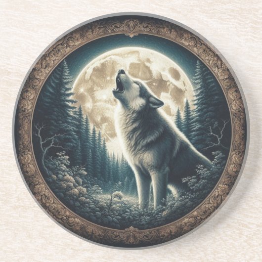 Klassieke, wolf & moon zandsteen onderzetter (Voorkant)