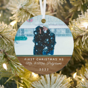 Klassieke Wood Eerste Kerstkerst Gehuwd Foto Metal Metalen Ornament