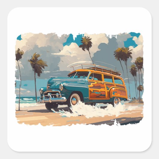 Klassieke Woody Wagon Vierkante Sticker (Voorkant)