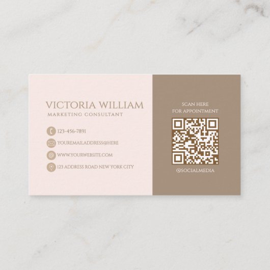 Klassieke zachte neutrale beige script QR-code Visitekaartje (Achterkant)
