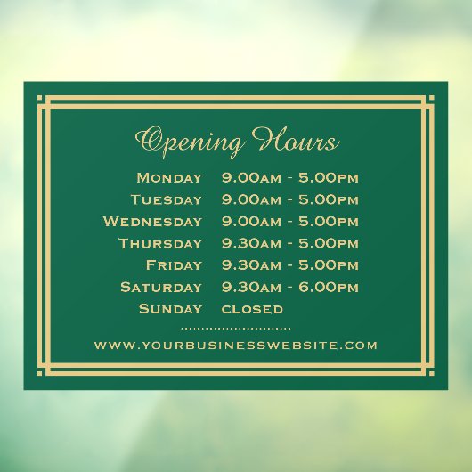 Klassieke Zakelijke Openingstijden Groen Goud Raamsticker (Vel 3)