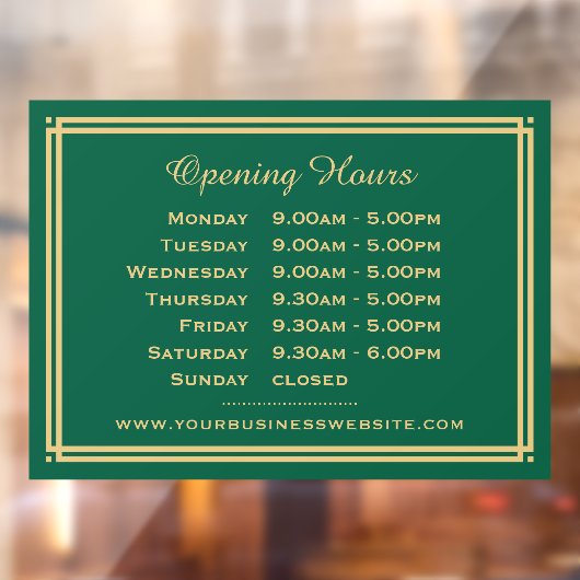 Klassieke Zakelijke Openingstijden Groen Goud Raamsticker (Vel 2)