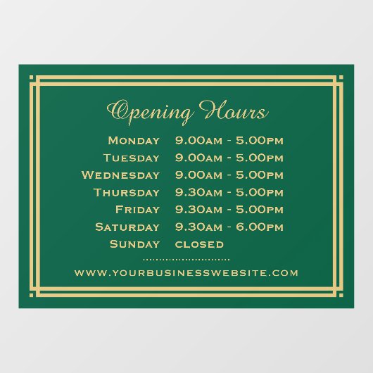 Klassieke Zakelijke Openingstijden Groen Goud Raamsticker (Vel)