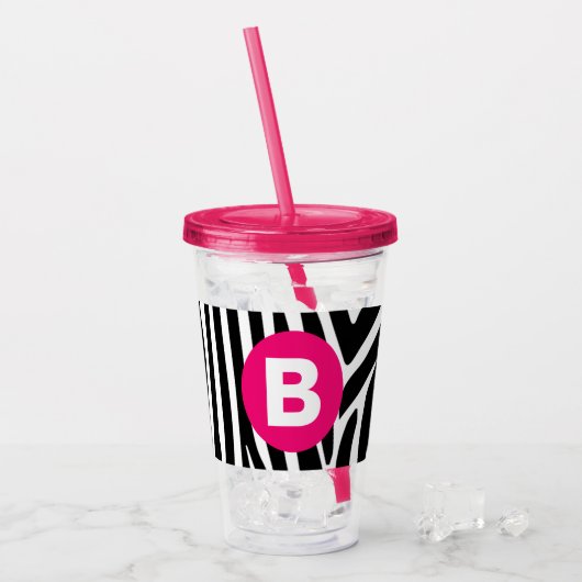 Klassieke zebra strepen helder roze monogram acryl drinkbeker (Voorkant ijs)