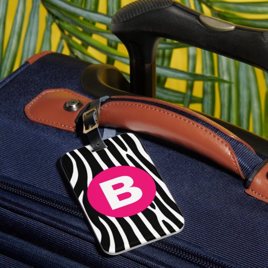 Klassieke zebra strepen helder roze monogram bagagelabel (Voorkant Insitu 1)