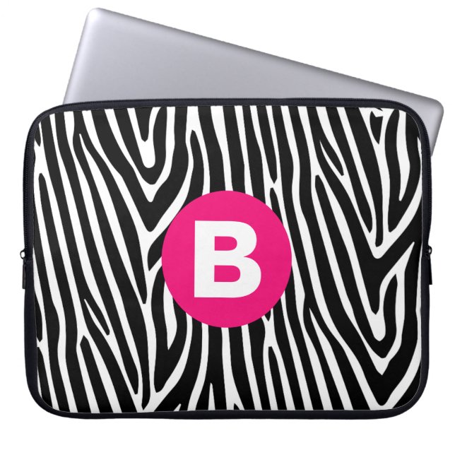 Klassieke zebra strepen helder roze monogram laptop sleeve (Voorkant)