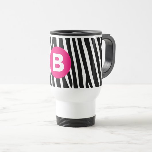 Klassieke zebra strepen helder roze monogram reisbeker (Voorkant rechts)