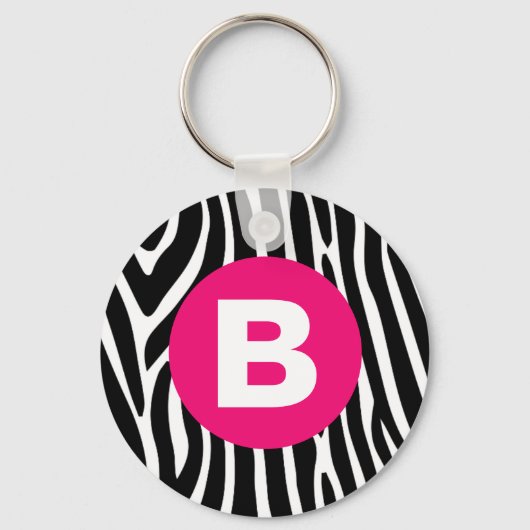 Klassieke zebra strepen helder roze monogram sleutelhanger (Voorkant)
