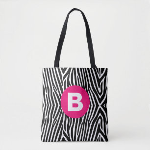 Klassieke zebra strepen helder roze monogram tote bag