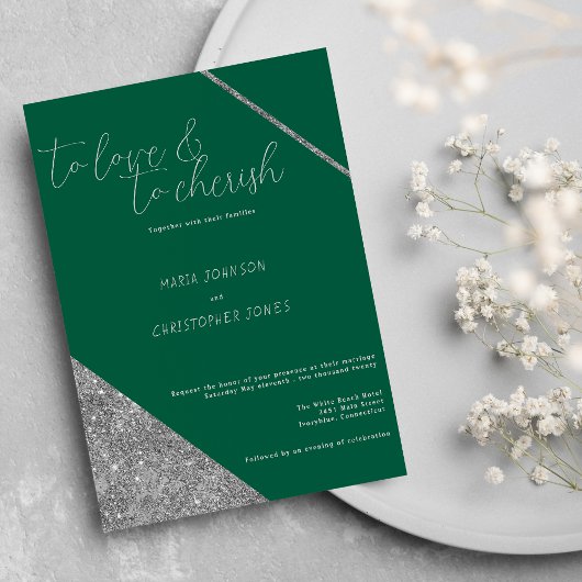Klassieke zilveren glitterscriptie jade groene tro kaart
