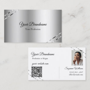 Klassieke Zilveren met Glanzende Lijnen Foto QR Co Visitekaartje