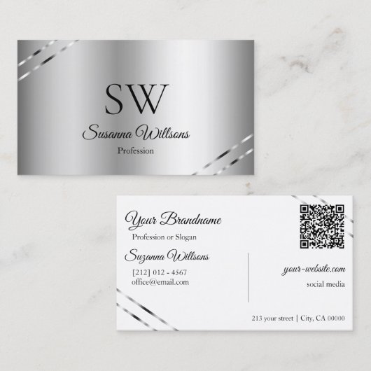 Klassieke zilveren monogram QR-code met glinsteren Visitekaartje (Voorkant / Achterkant)