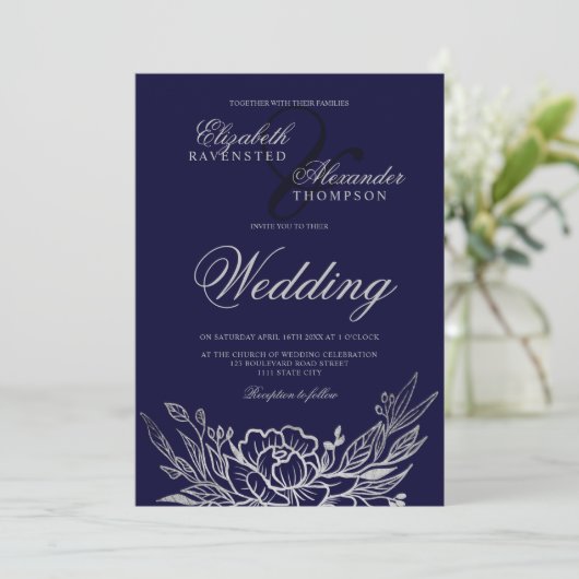 Klassieke zilveren pekelpony's blauwe bruiloft kaart (Staand voorkant)