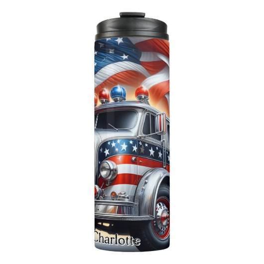 Klassieke Zilveren Vuurwagen met Vlag Thermosbeker (Voorkant)