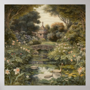 Klassieke zwanen in Engelse tuin botanische fijne Poster